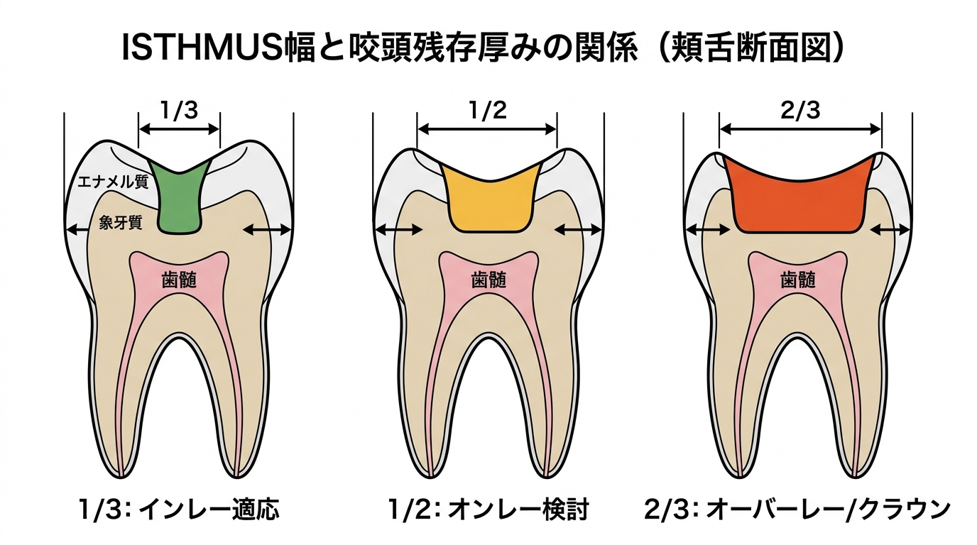 ISTHMUS幅と窩洞設計の段階図（1/3: インレー適応、1/2: オンレー検討、2/3: オーバーレー/クラウン）