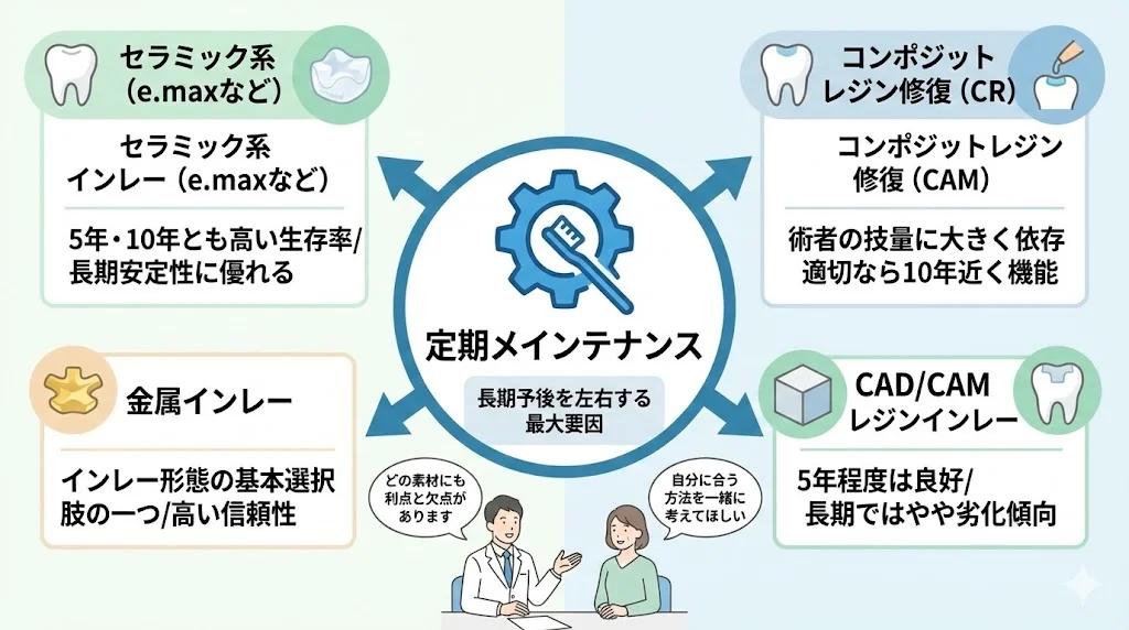 取手市藤代の坂寄歯科医院｜セラミックインレー・金属インレー・コンポジットレジン修復・CAD/CAMレジンインレーの特徴とともに、長期予後には定期メインテナンスが重要であることを示したイラスト