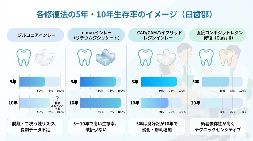 取手市藤代の坂寄歯科医院｜ジルコニアインレー・e.maxインレー・CAD/CAMハイブリッドレジンインレー・直接コンポジットレジン修復（Class II）の5年・10年生存率イメージを比較した図