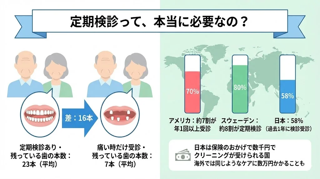定期検診の有無で80歳時に残る歯の本数が平均23本と7本に分かれることや、日本・アメリカ・スウェーデンの定期検診受診率を比較した予防歯科の説明図｜取手市藤代の坂寄歯科医院