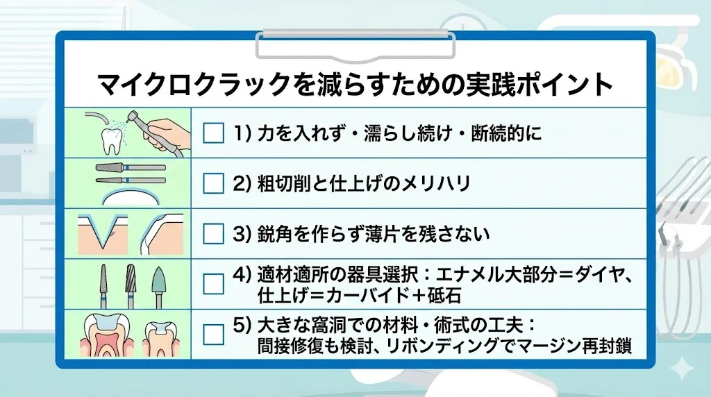 マイクロクラックを減らすための実践ポイントをチェックリスト形式で示した図。力を入れない切削、粗切削と仕上げの区別、鋭角や薄片を残さないこと、適切な器具選択、大きな窩洞での材料と術式の工夫について解説