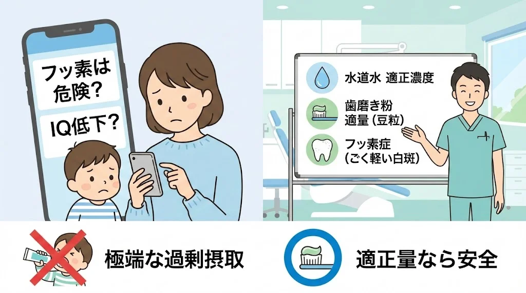 フッ素は危険かIQが低下するのかとスマホの情報を見て不安そうにしている親子と、歯科医院の診療室で水道水の適正濃度・歯磨き粉の適量・フッ素症はごく軽い白斑が多いことをホワイトボードで説明し、極端な過剰摂取にはバツ印、適正量なら安全と示している日本人歯科医師を描いた、子どものフッ素の安全性とむし歯予防を解説する坂寄歯科医院ブログ用イラスト画像。