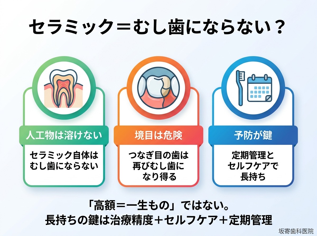 セラミック修復の真実 - 人工物は溶けないが境目の歯はむし歯になり得る、予防が長持ちの鍵