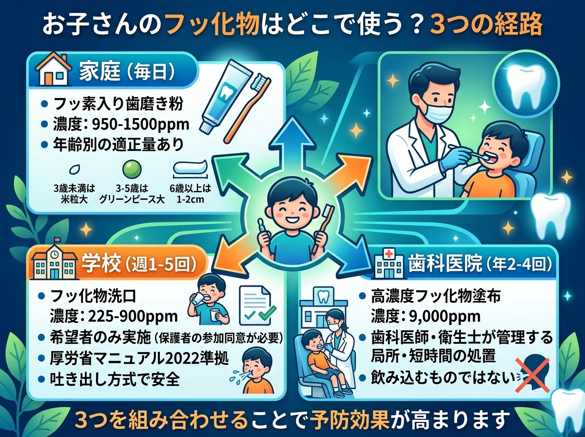 お子さんのフッ化物利用フロー：家庭・学校・歯科医院の3つの経路